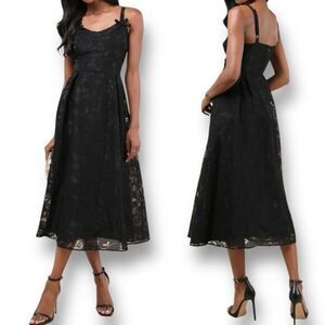 Lulus S Wedding Guest Black Burnout Floral Midi Dress Bow Strap Fit & Flare Chic